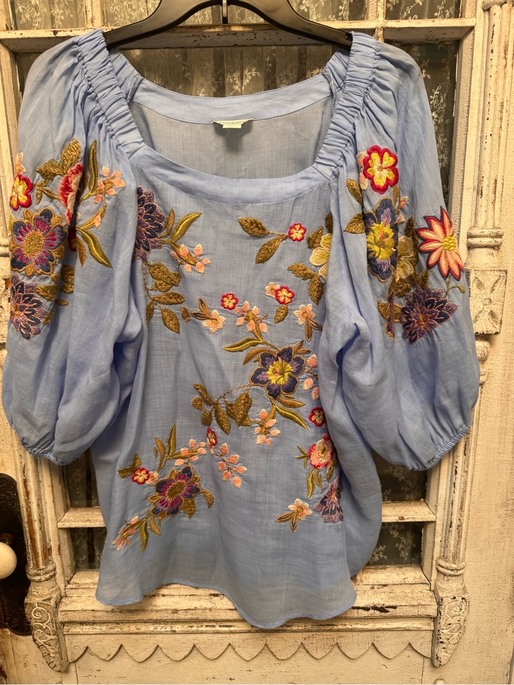 Sundance Light Blue Embroidered Peasant Top